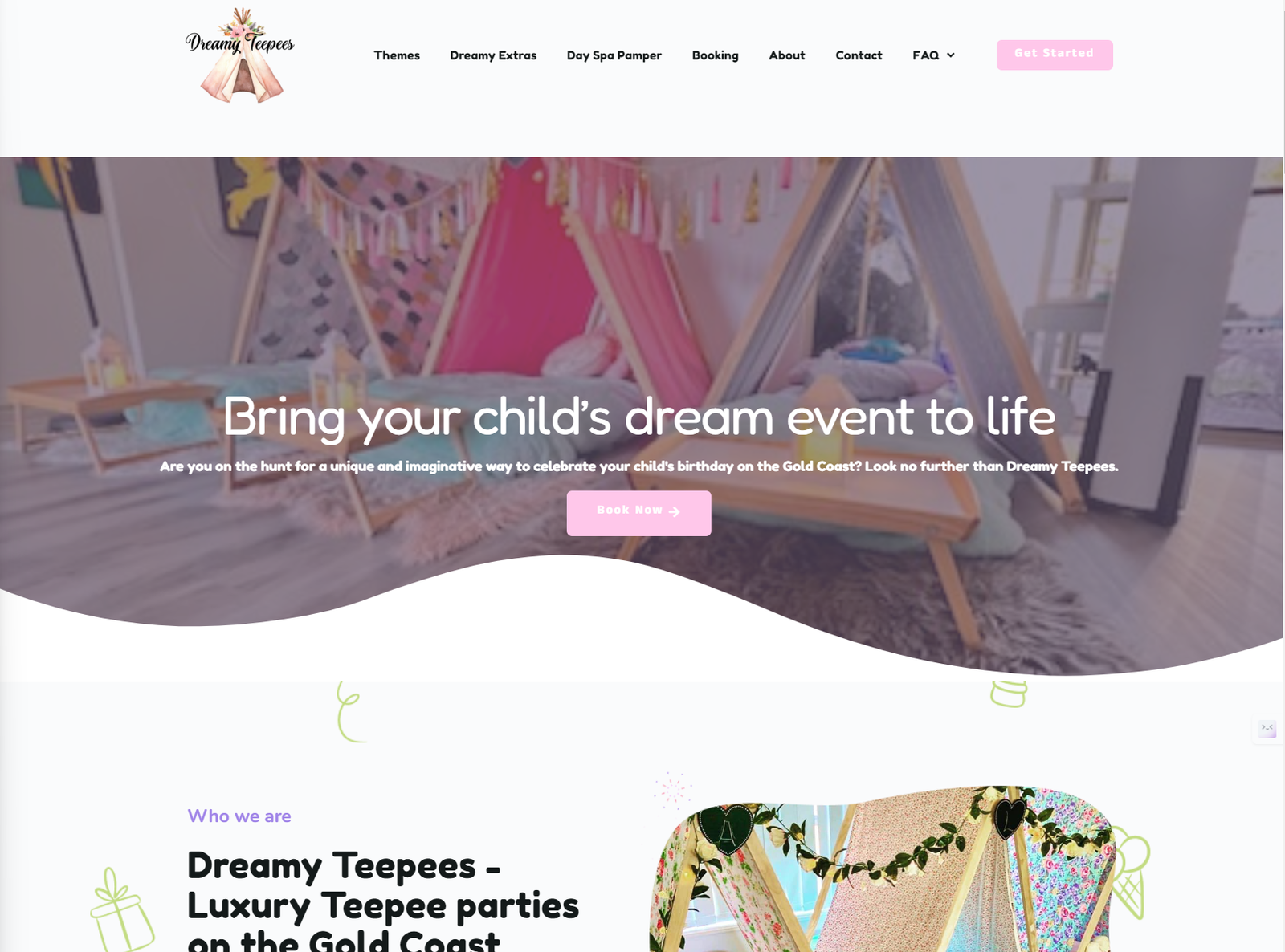 Web design for Dreamy Teepees on the Gold Coast